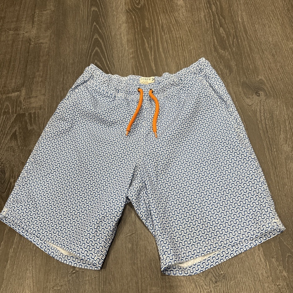 VTG J Crew Flex Swimwear Shorts Drawstring Geometric XS Dark Blue White